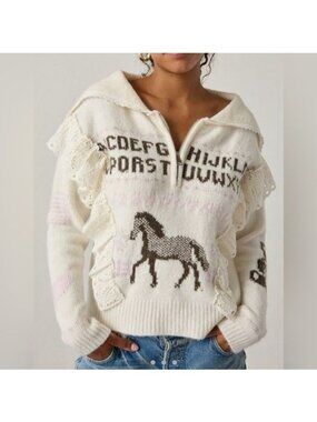Kimchi Blue Paloma Lace Trim Quarter Zip Sweater Western Horse 80s Twee Women XS